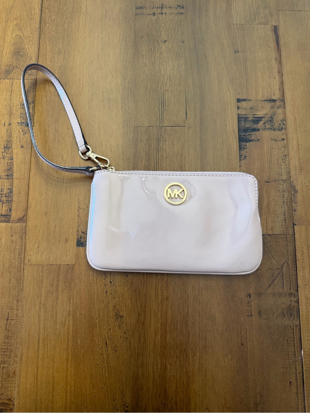 Michael Kors Light Pink Patent Wristlet Clutch with Gold MK Logo